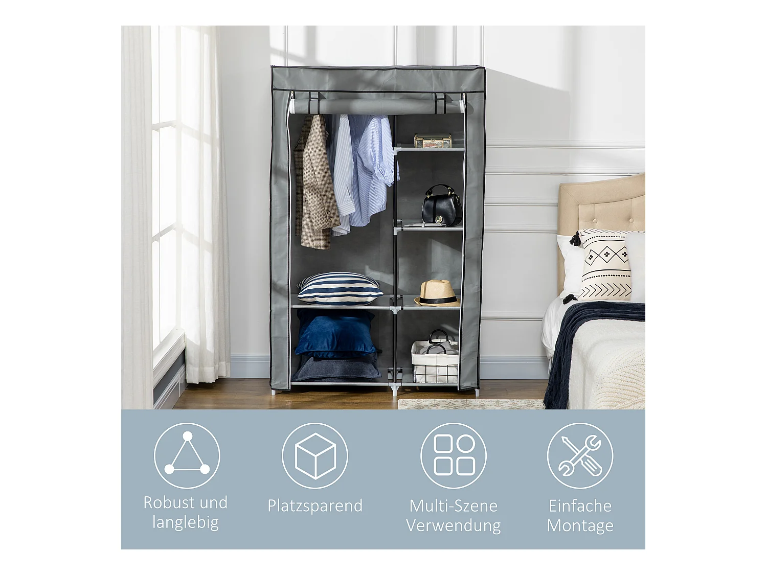 Armoire à vêtements pliable avec 6 étagères, en tissu, gris (103x43x162.5 cm)