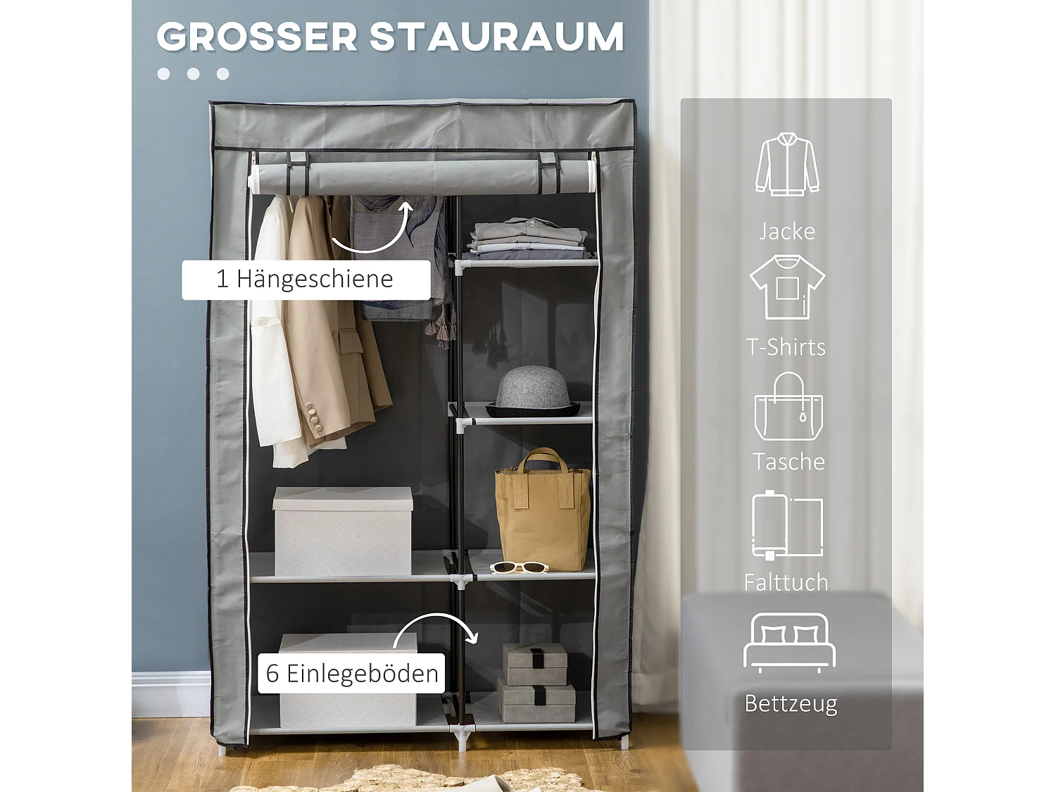 Armoire à vêtements pliable avec 6 étagères, en tissu, gris (103x43x162.5 cm)