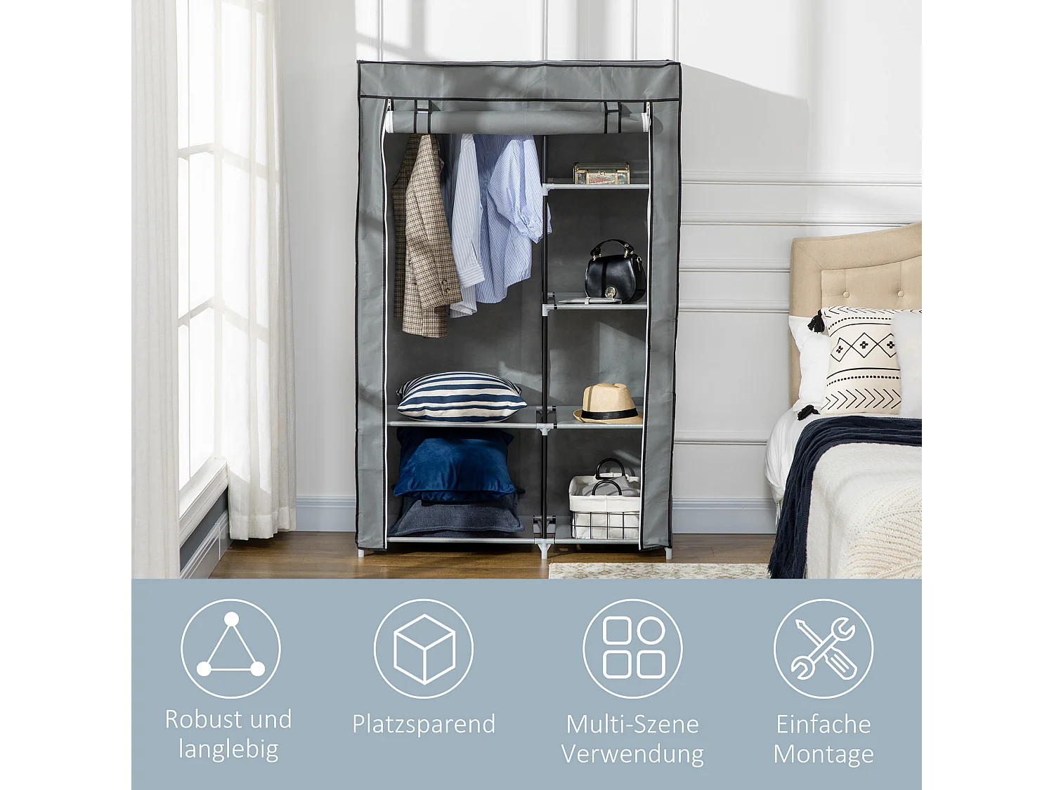 Armoire à vêtements pliable avec 6 étagères, en tissu, gris (103x43x162.5 cm)