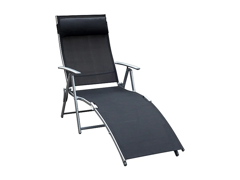 Opvouwbare loungestoel met kussen, metaal en stof, zwart (137x63,5x100,5 cm)