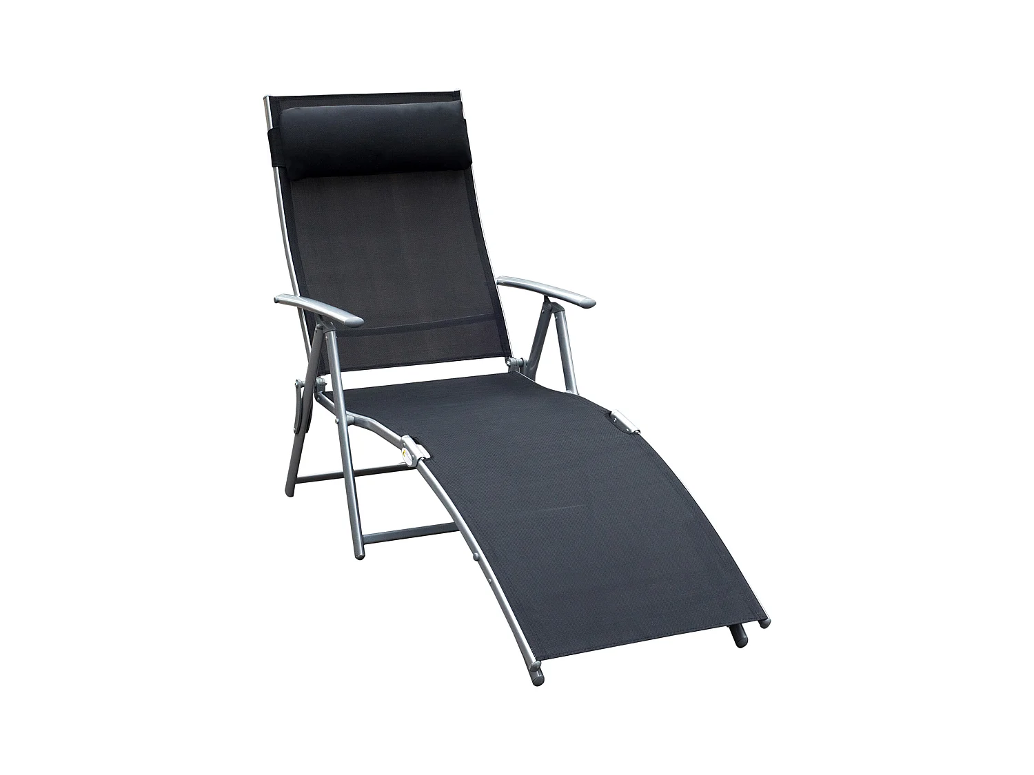 Chaise longue pliante avec coussin, métal et tissu, noire (137x63.5x100.5 cm)