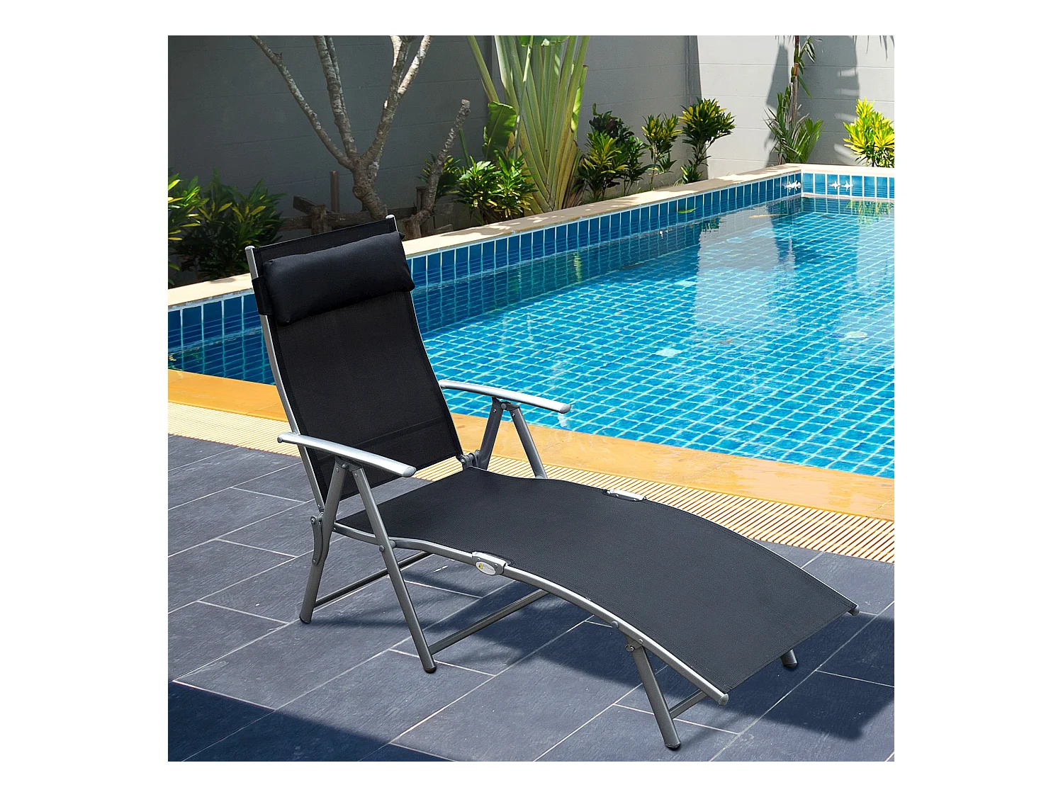 Chaise longue pliante avec coussin, métal et tissu, noire (137x63.5x100.5 cm)