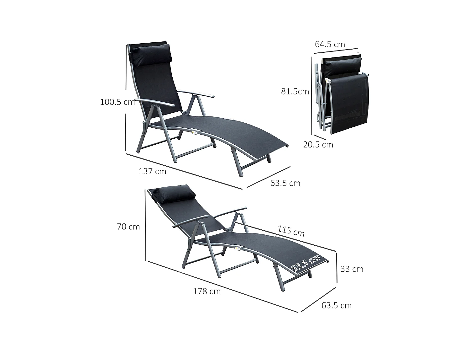 Chaise longue pliante avec coussin, métal et tissu, noire (137x63.5x100.5 cm)