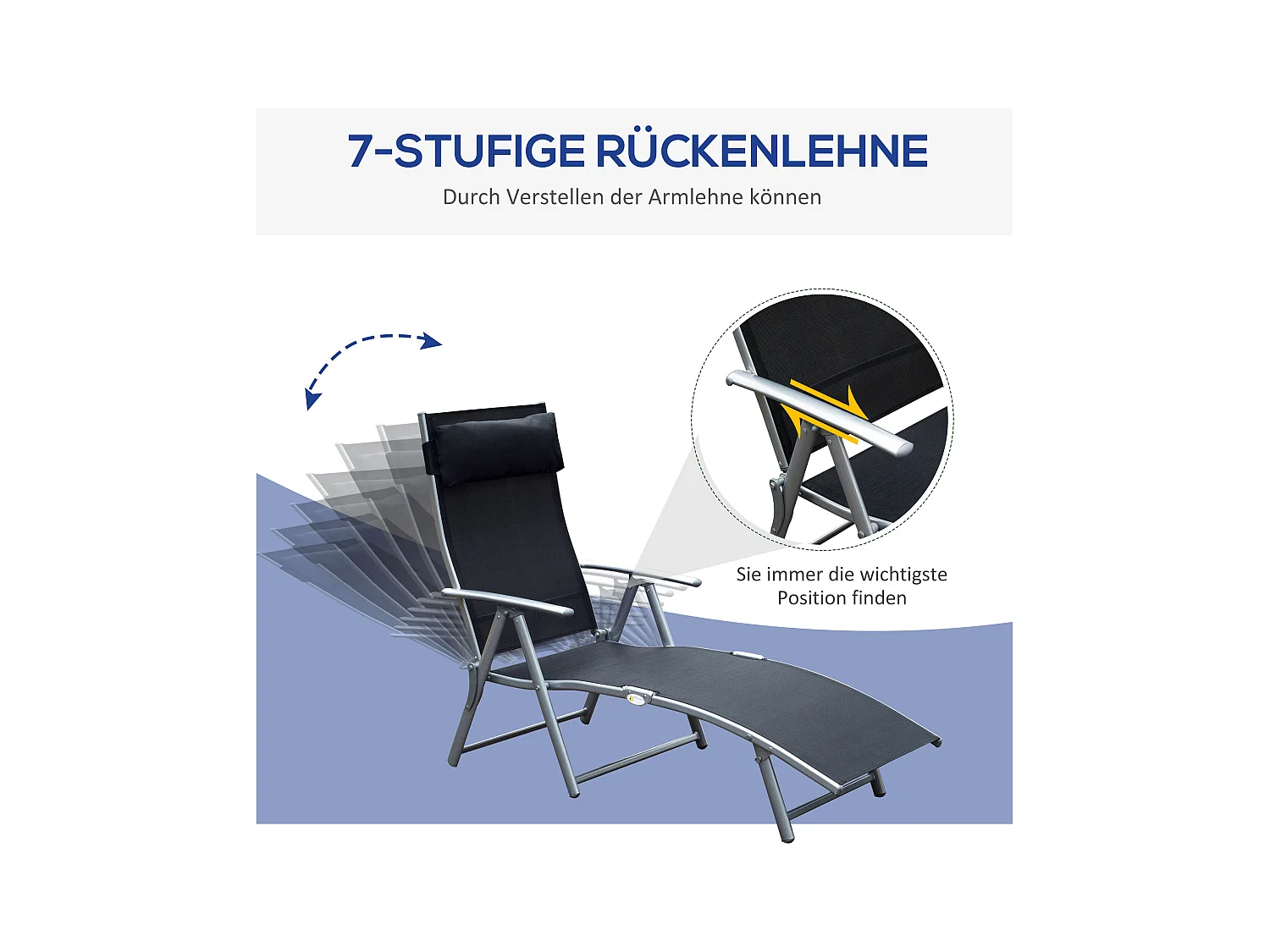 Chaise longue pliante avec coussin, métal et tissu, noire (137x63.5x100.5 cm)