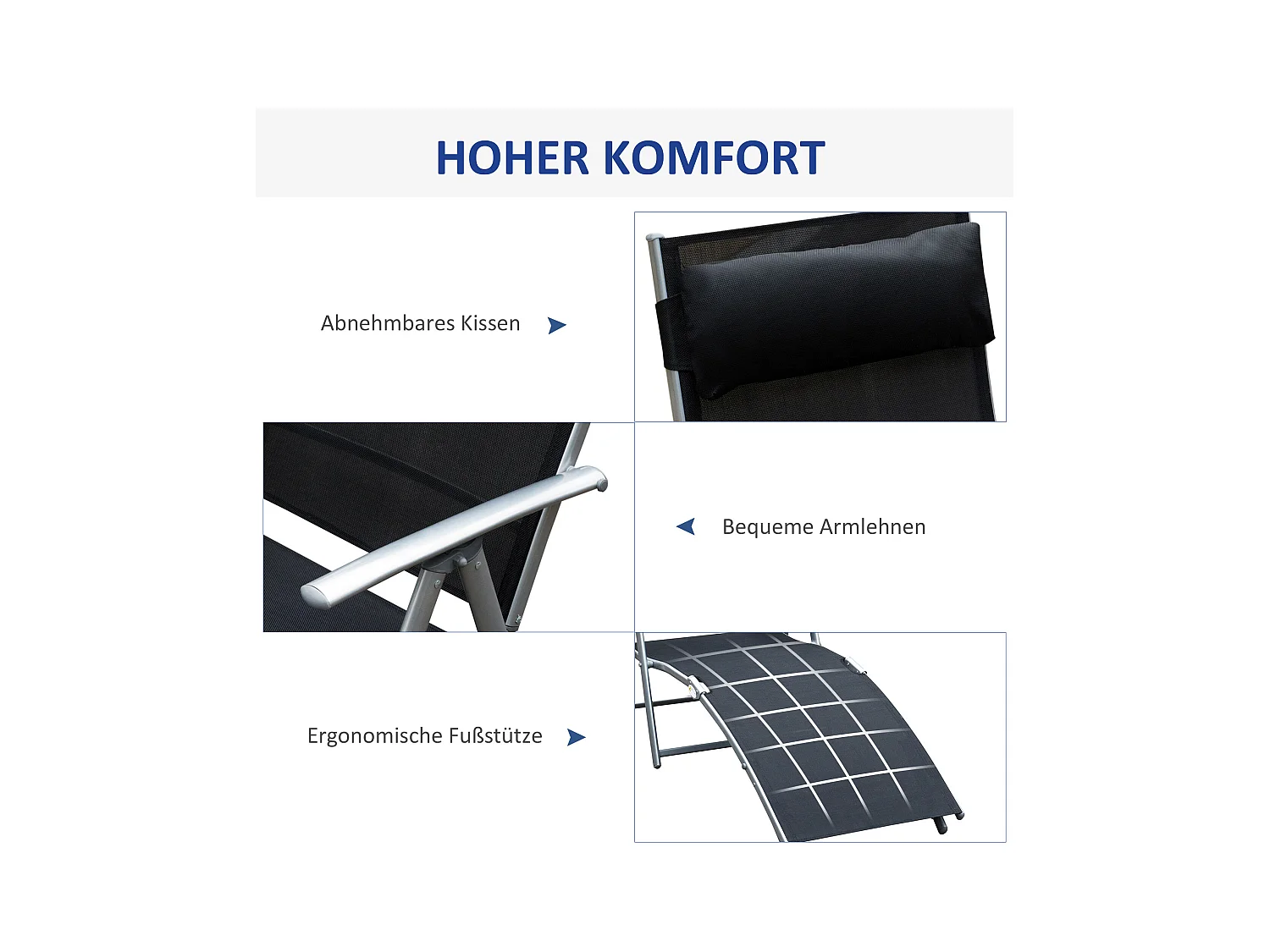 Chaise longue pliante avec coussin, métal et tissu, noire (137x63.5x100.5 cm)