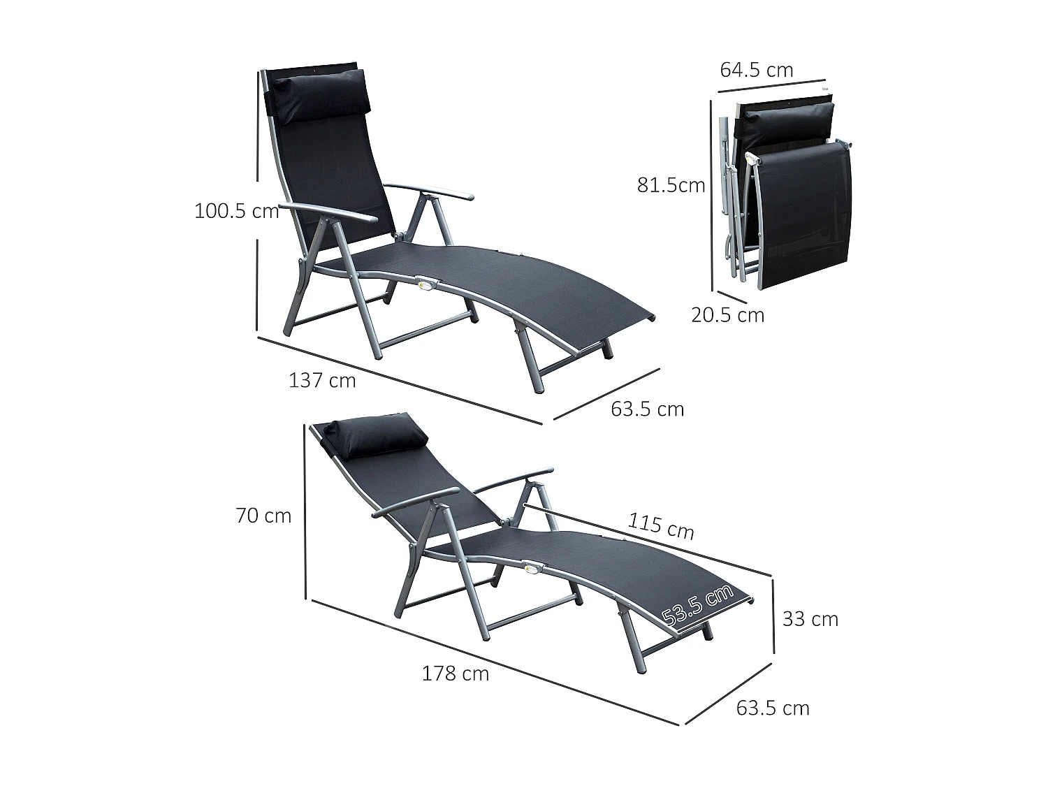 Chaise longue pliante avec coussin, métal et tissu, noire (137x63.5x100.5 cm)