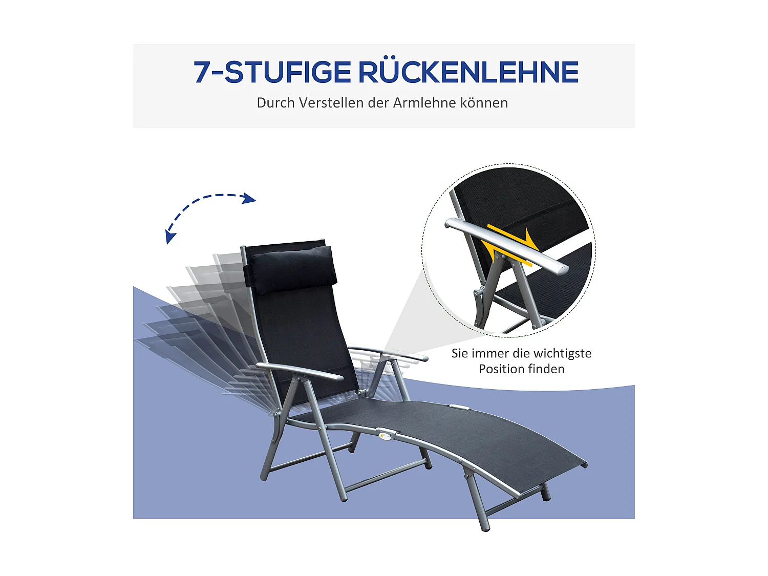 Chaise longue pliante avec coussin, métal et tissu, noire (137x63.5x100.5 cm)