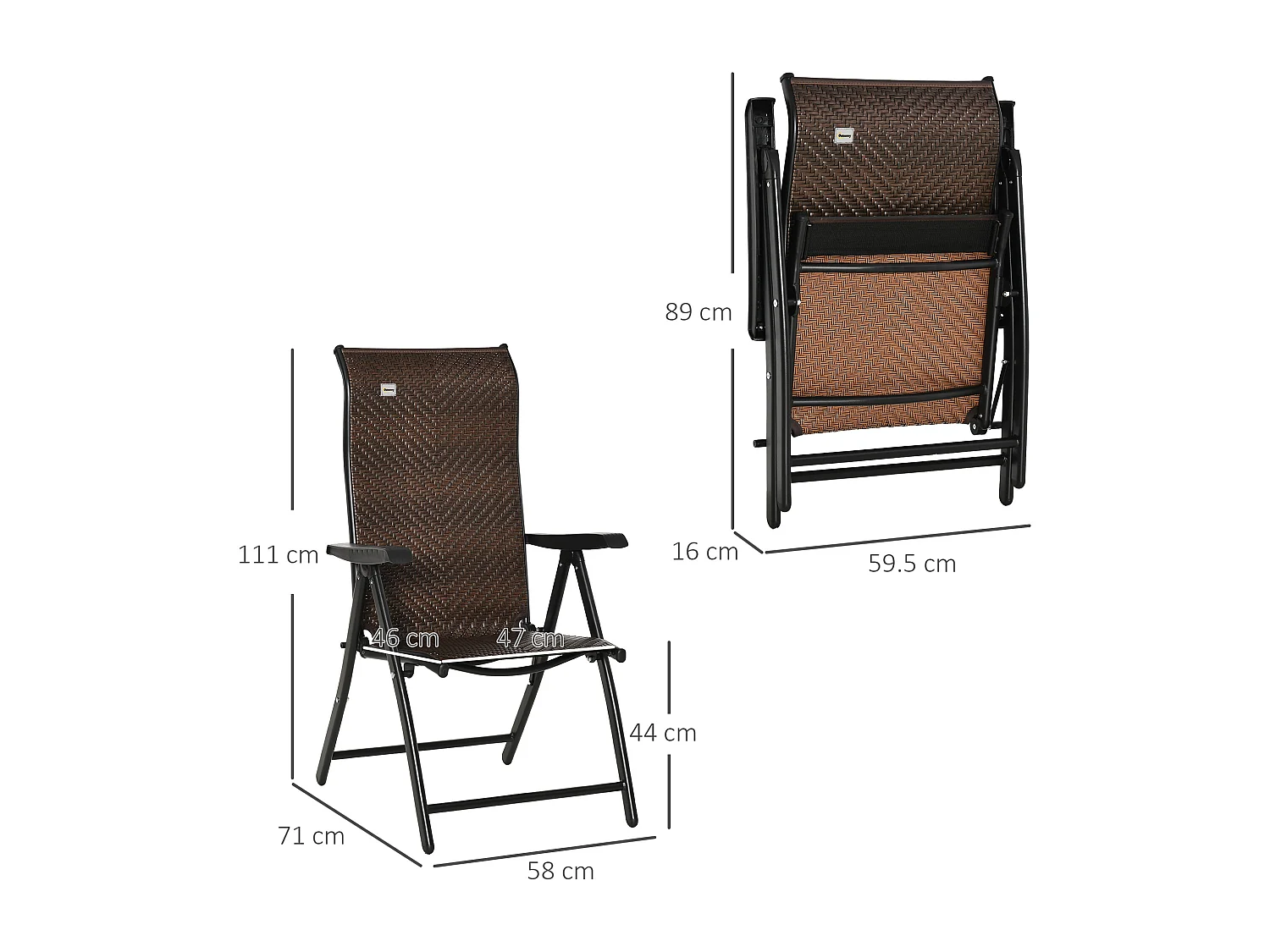 Sedia pieghevole in polyrattan con braccioli, schienale regolabile in 7 posizioni, polietilene, marrone (58x71x111cm)