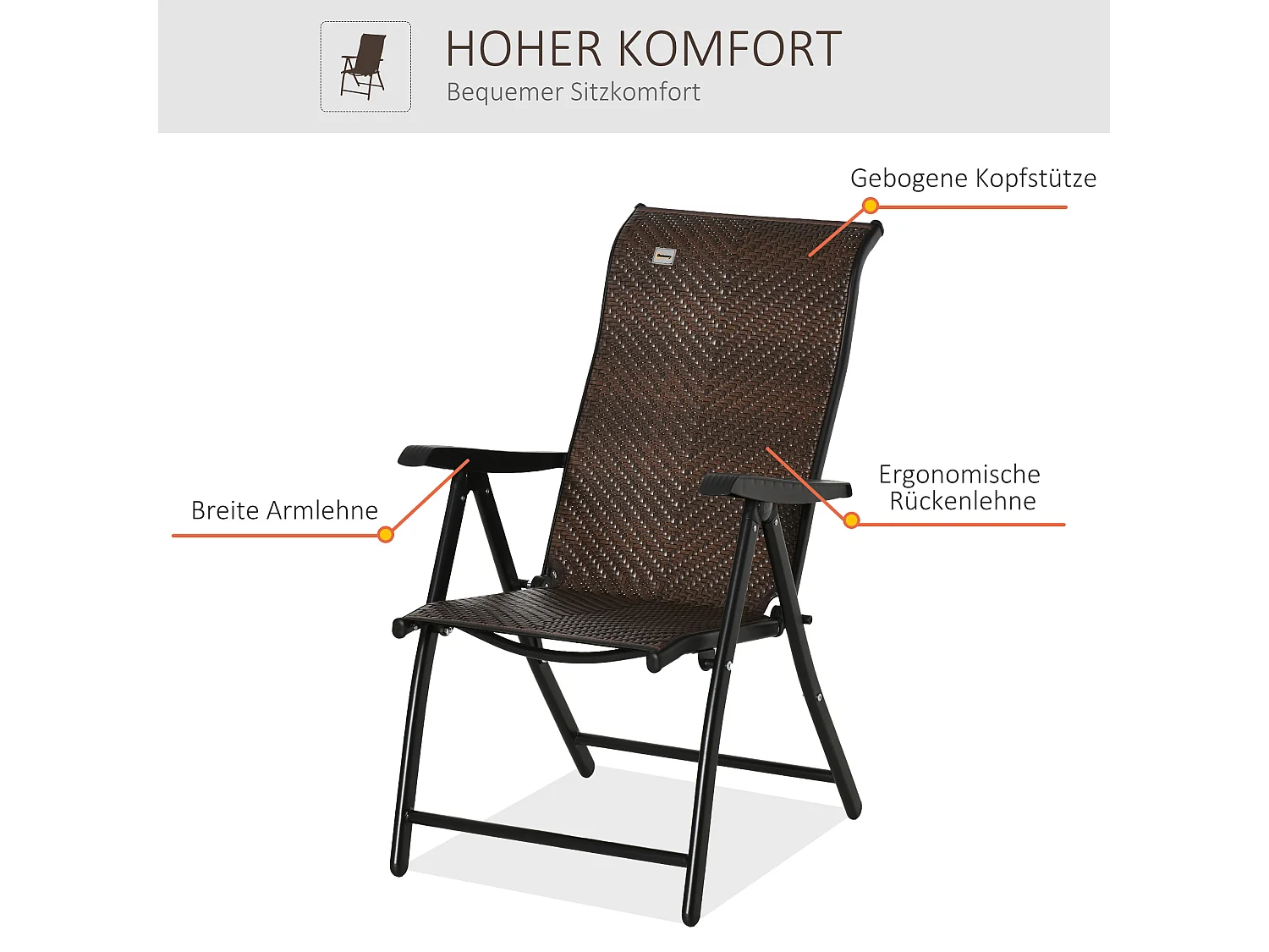 Sedia pieghevole in polyrattan con braccioli, schienale regolabile in 7 posizioni, polietilene, marrone (58x71x111cm)