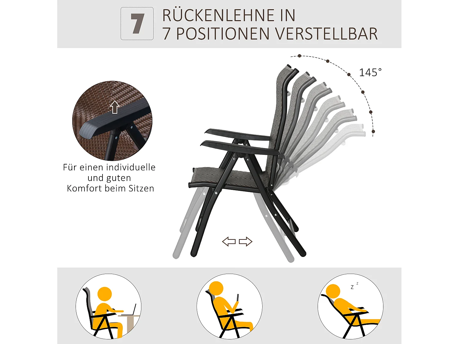 Sedia pieghevole in polyrattan con braccioli, schienale regolabile in 7 posizioni, polietilene, marrone (58x71x111cm)