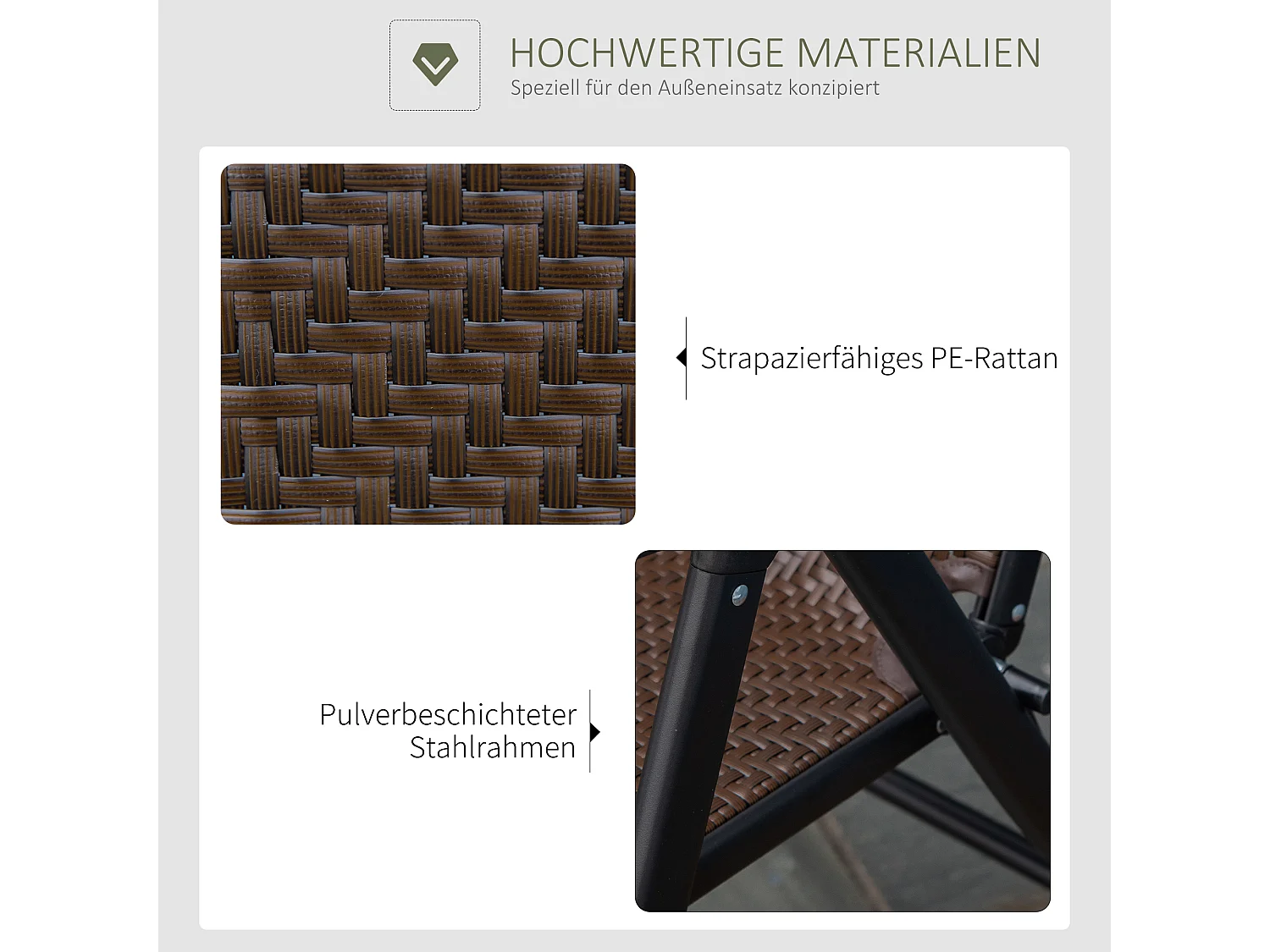 Sedia pieghevole in polyrattan con braccioli, schienale regolabile in 7 posizioni, polietilene, marrone (58x71x111cm)