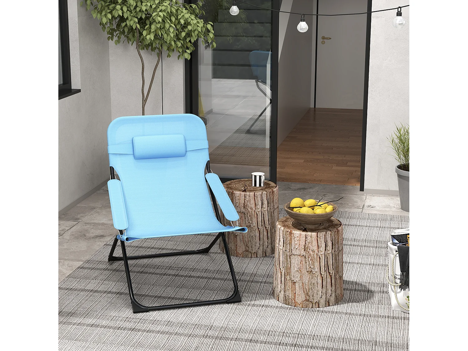 Chaise pliante de jardin avec dossier réglable, métal, bleu (69x91x96cm)
