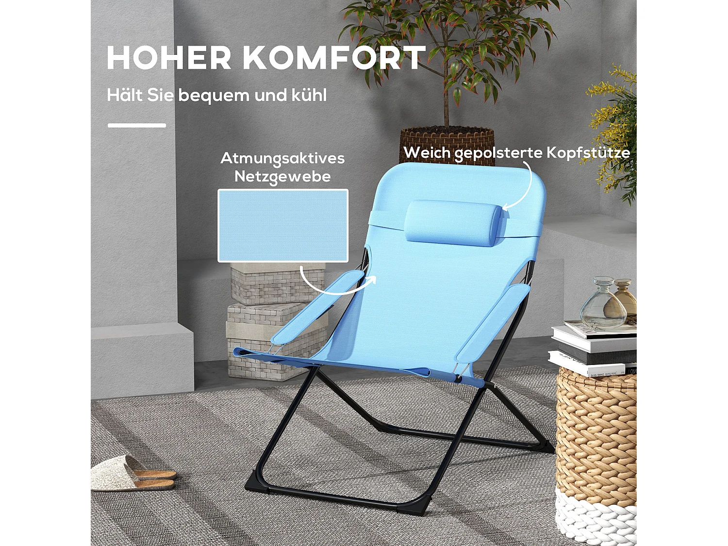 Chaise pliante de jardin avec dossier réglable, métal, bleu (69x91x96cm)