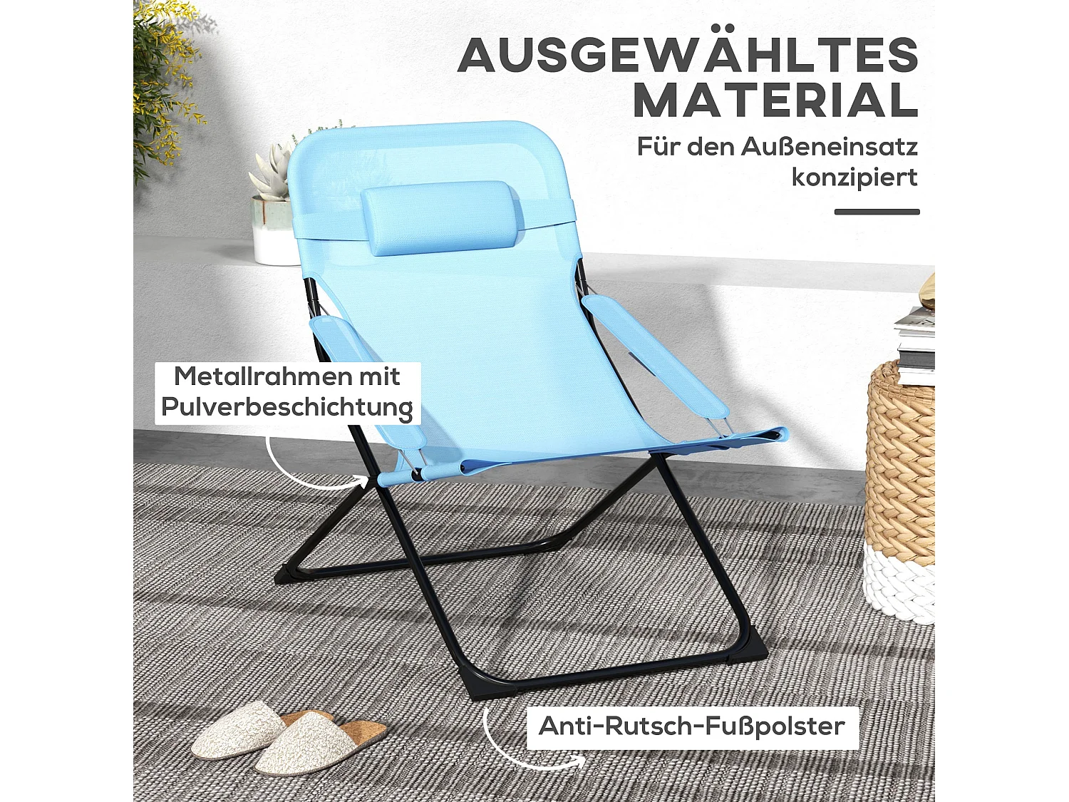 Chaise pliante de jardin avec dossier réglable, métal, bleu (69x91x96cm)