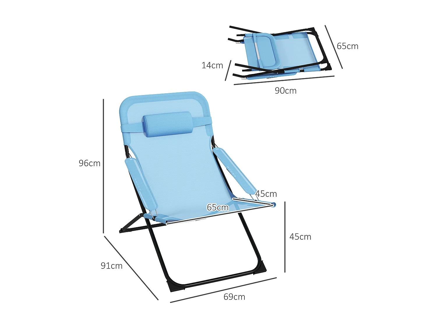 Silla de jardín plegable con respaldo regulable, de metal, azul (69x91x96cm)