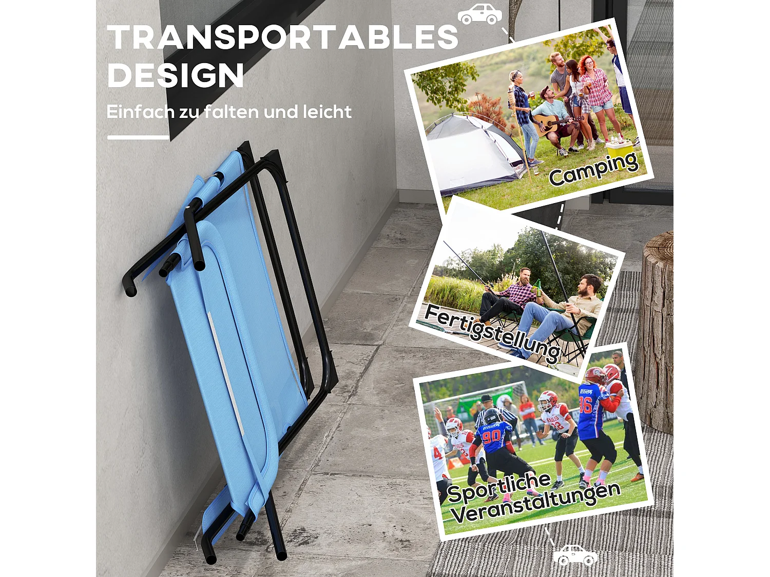 Silla de jardín plegable con respaldo regulable, de metal, azul (69x91x96cm)