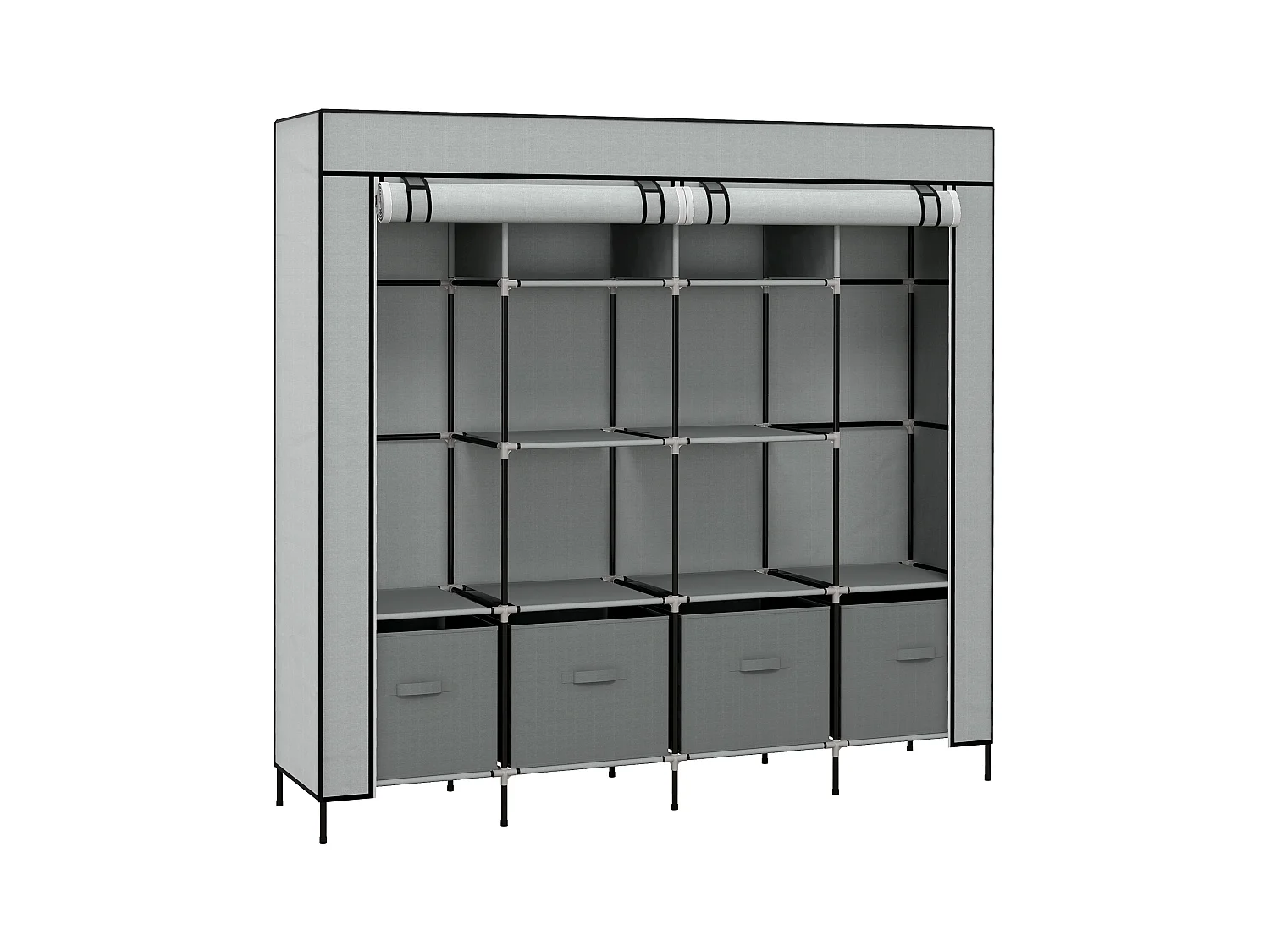 Armoire tissu avec penderie, 10 compartiments, 4 tiroirs, structure acier, gris foncé (166x42.5x169.5cm)