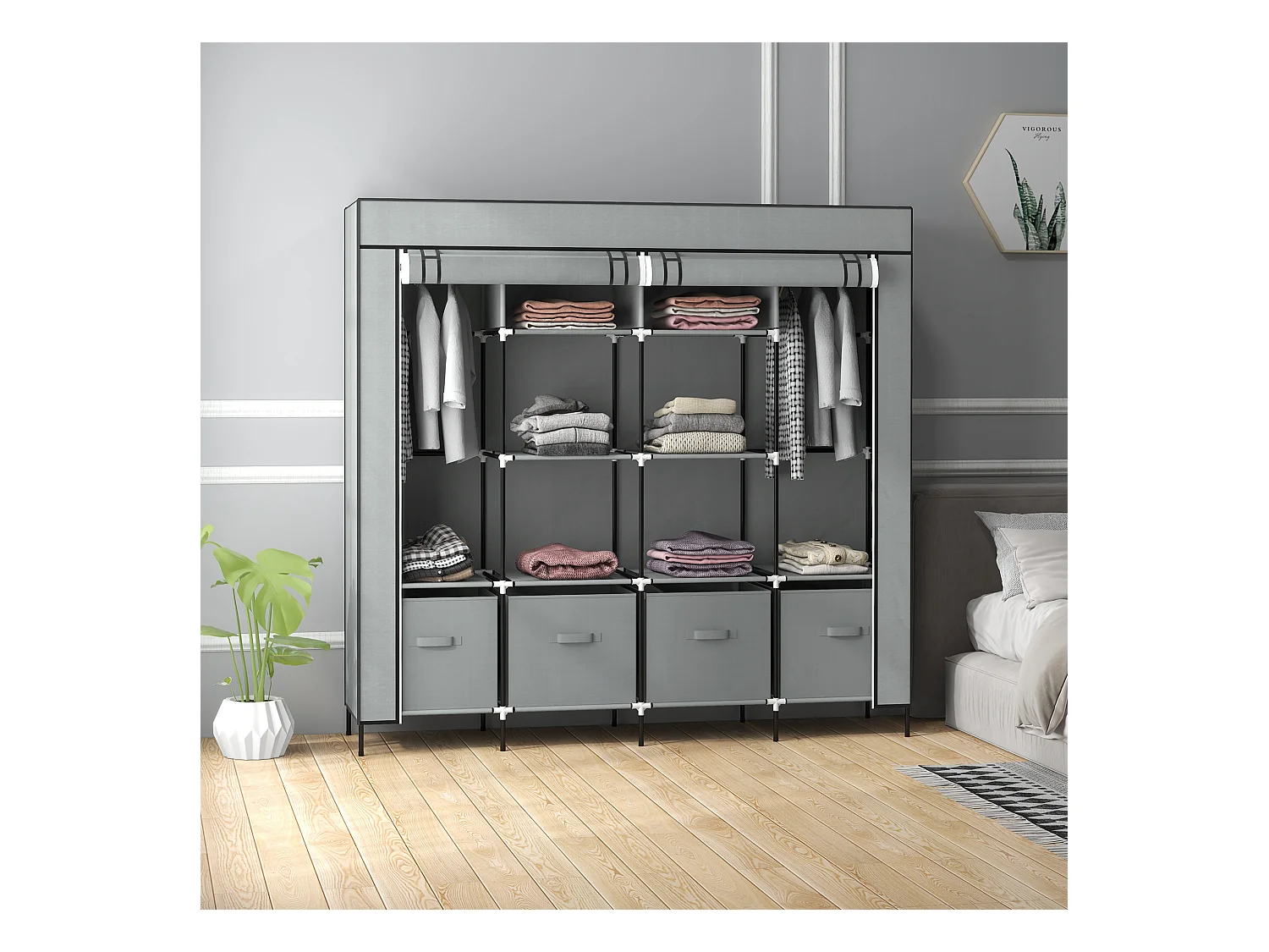 Armoire tissu avec penderie, 10 compartiments, 4 tiroirs, structure acier, gris foncé (166x42.5x169.5cm)