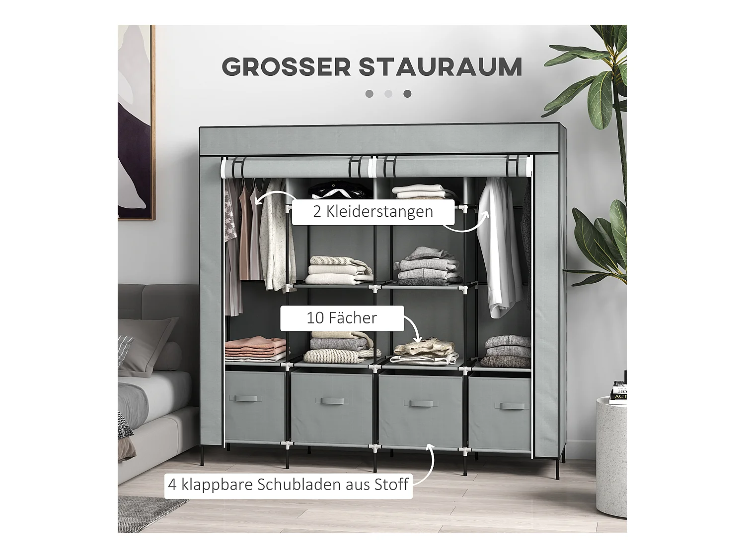 Armoire tissu avec penderie, 10 compartiments, 4 tiroirs, structure acier, gris foncé (166x42.5x169.5cm)