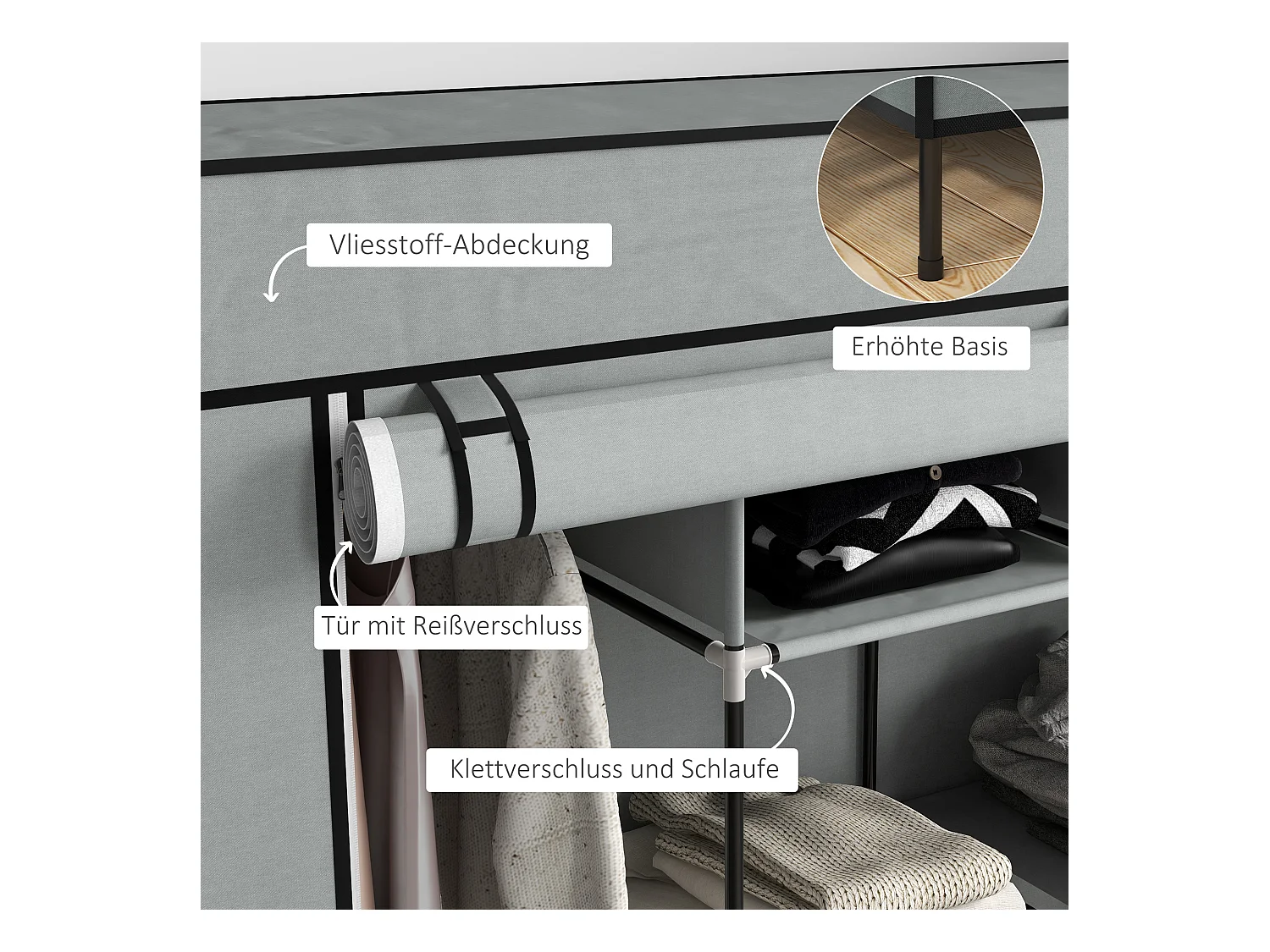 Armoire tissu avec penderie, 10 compartiments, 4 tiroirs, structure acier, gris foncé (166x42.5x169.5cm)