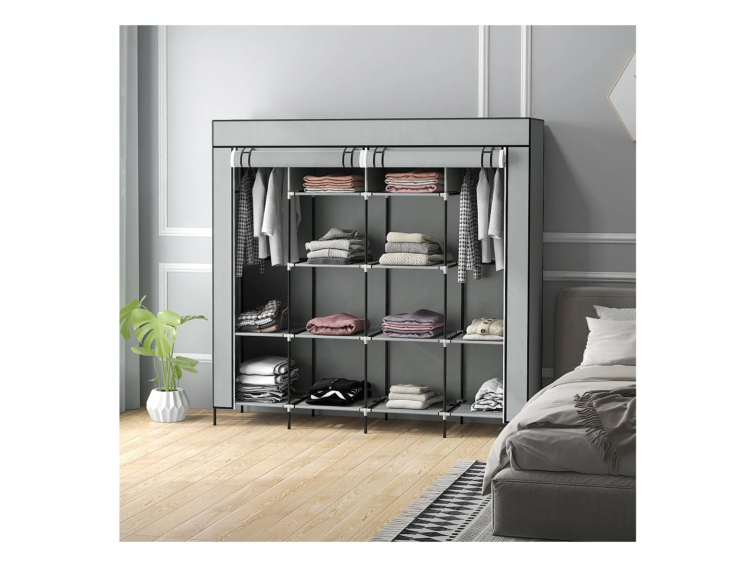 Armoire tissu avec penderie, 10 compartiments, 4 tiroirs, structure acier, gris foncé (166x42.5x169.5cm)