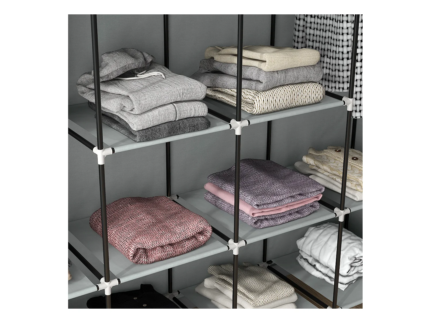 Armoire tissu avec penderie, 10 compartiments, 4 tiroirs, structure acier, gris foncé (166x42.5x169.5cm)