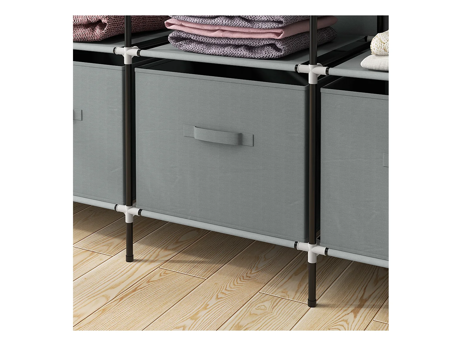 Armoire tissu avec penderie, 10 compartiments, 4 tiroirs, structure acier, gris foncé (166x42.5x169.5cm)