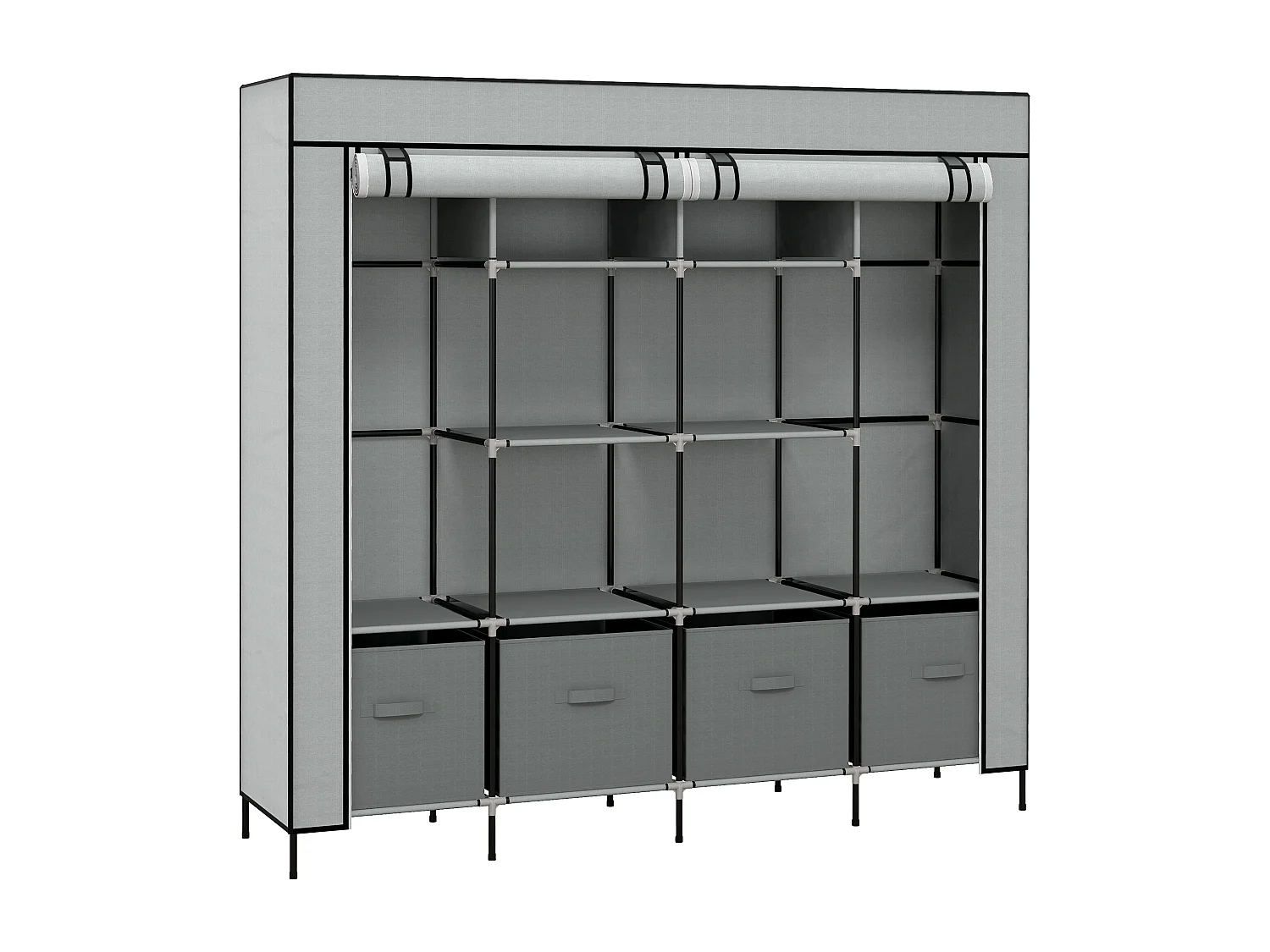 Stoffen kledingkast met hanggedeelte, 10 vakken, 4 lades, stalen constructie, donkergrijs (166x42,5x169,5cm)