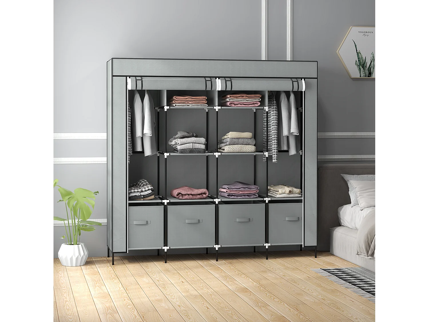 Stoffen kledingkast met hanggedeelte, 10 vakken, 4 lades, stalen constructie, donkergrijs (166x42,5x169,5cm)