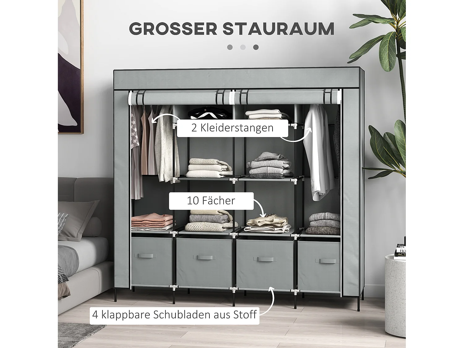 Stoffen kledingkast met hanggedeelte, 10 vakken, 4 lades, stalen constructie, donkergrijs (166x42,5x169,5cm)