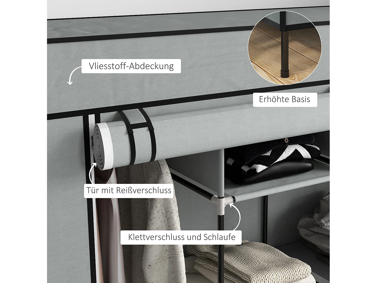 Stoffen kledingkast met hanggedeelte, 10 vakken, 4 lades, stalen constructie, donkergrijs (166x42,5x169,5cm)