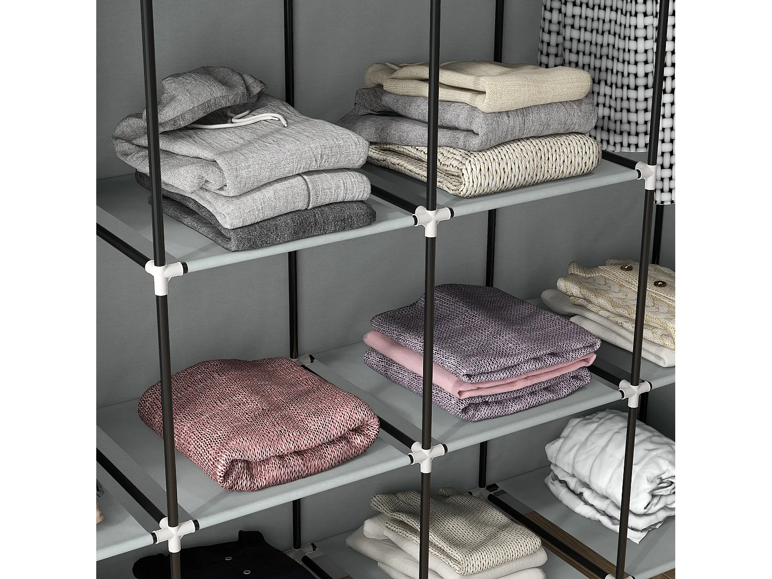 Stoffen kledingkast met hanggedeelte, 10 vakken, 4 lades, stalen constructie, donkergrijs (166x42,5x169,5cm)