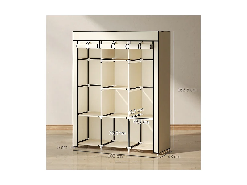 Armoire en tissu, 8 niveaux, avec tringles et étagères, armoire pliable pour chambre, couloir, tissu non-tissé, crème (125x43x162.5 cm)