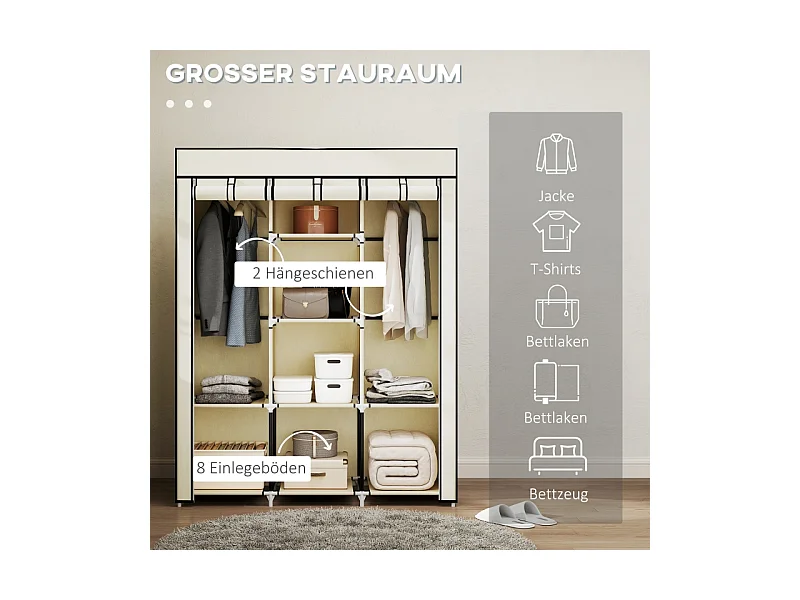 Armoire en tissu, 8 niveaux, avec tringles et étagères, armoire pliable pour chambre, couloir, tissu non-tissé, crème (125x43x162.5 cm)