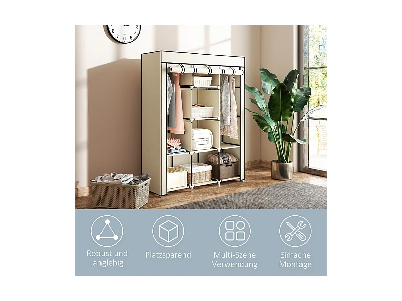 Armoire en tissu, 8 niveaux, avec tringles et étagères, armoire pliable pour chambre, couloir, tissu non-tissé, crème (125x43x162.5 cm)