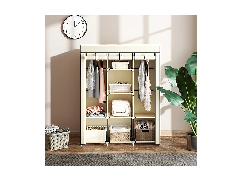Armoire en tissu, 8 niveaux, avec tringles et étagères, armoire pliable pour chambre, couloir, tissu non-tissé, crème (125x43x162.5 cm)