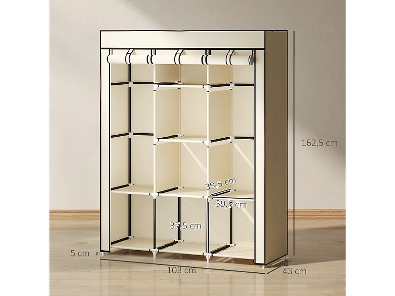 Armoire en tissu, 8 niveaux, avec tringles et étagères, armoire pliable pour chambre, couloir, tissu non-tissé, crème (125x43x162.5 cm)