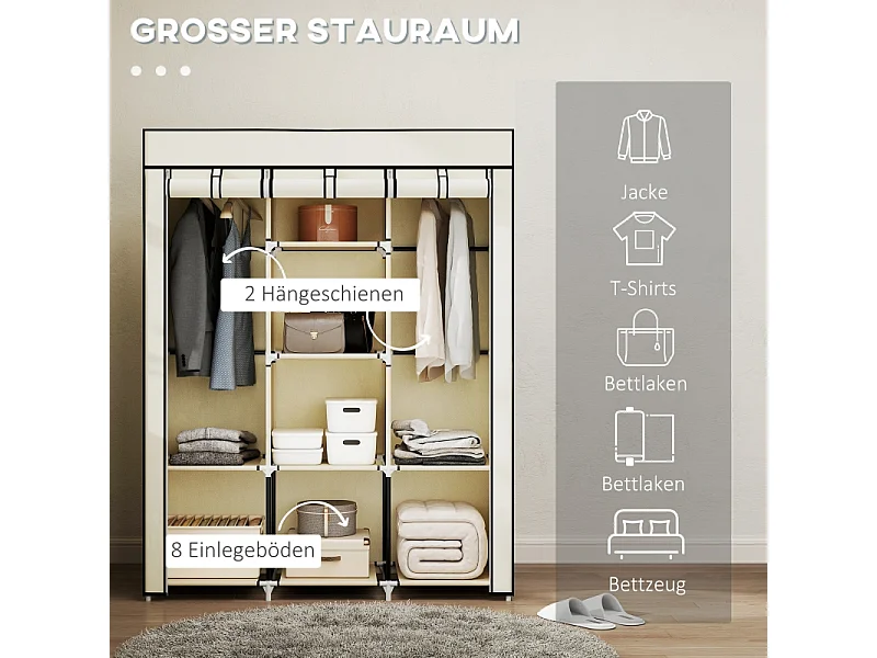 Armoire en tissu, 8 niveaux, avec tringles et étagères, armoire pliable pour chambre, couloir, tissu non-tissé, crème (125x43x162.5 cm)