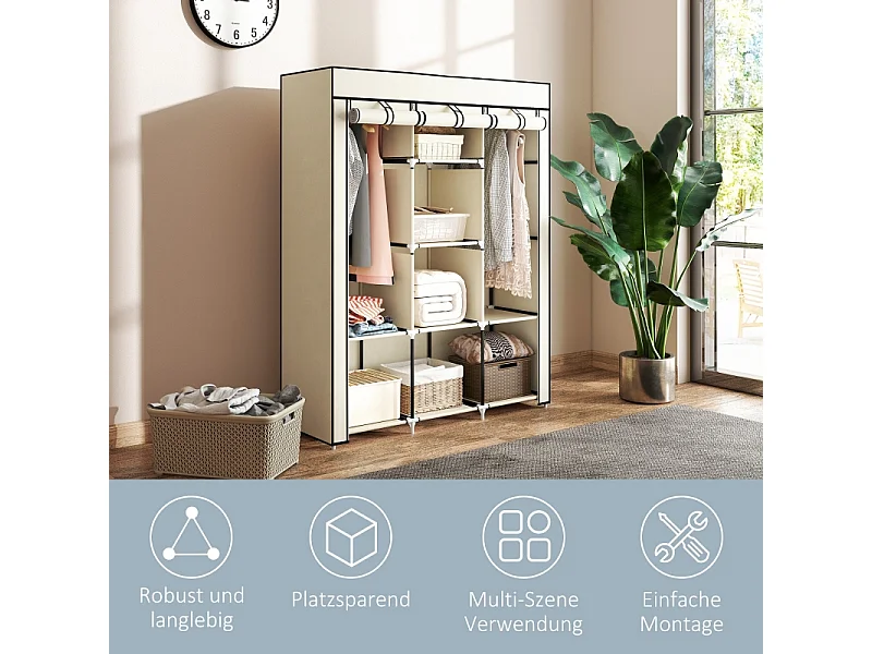 Armoire en tissu, 8 niveaux, avec tringles et étagères, armoire pliable pour chambre, couloir, tissu non-tissé, crème (125x43x162.5 cm)