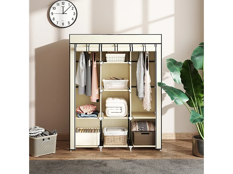 Armoire en tissu, 8 niveaux, avec tringles et étagères, armoire pliable pour chambre, couloir, tissu non-tissé, crème (125x43x162.5 cm)