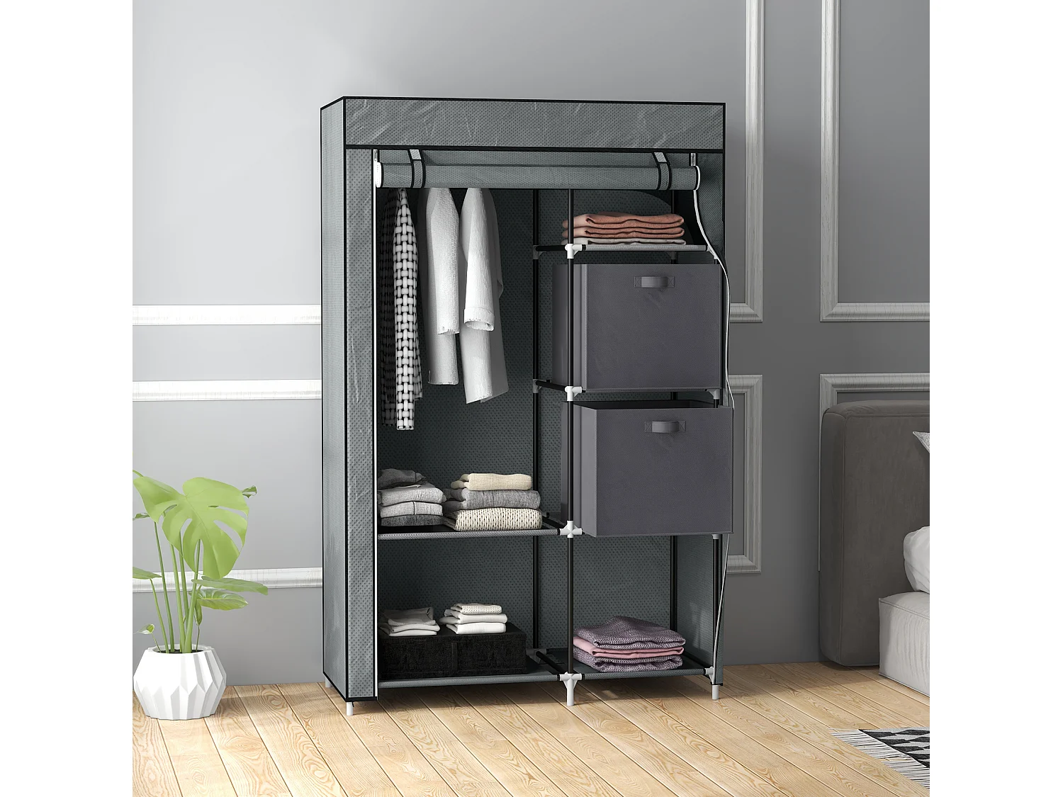 Armoire en tissu avec penderie et étagères, design compact, acier et tissu, gris foncé (102x42.5x162.5 cm)