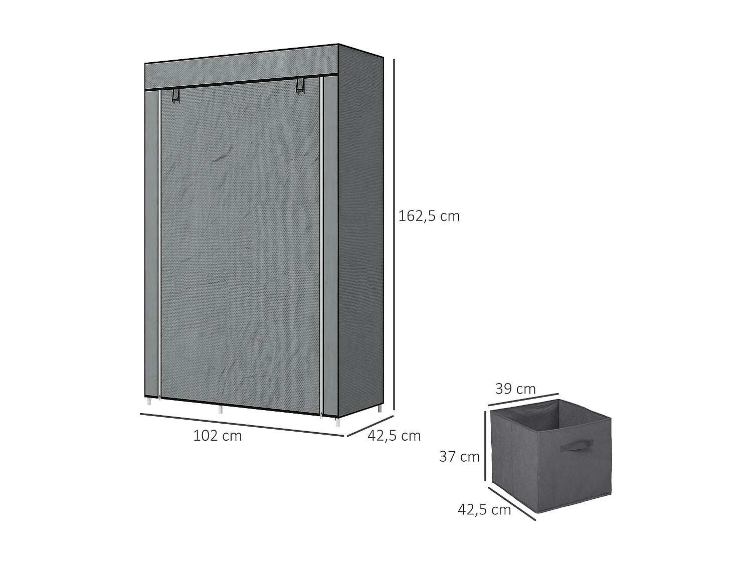 Armoire en tissu avec penderie et étagères, design compact, acier et tissu, gris foncé (102x42.5x162.5 cm)