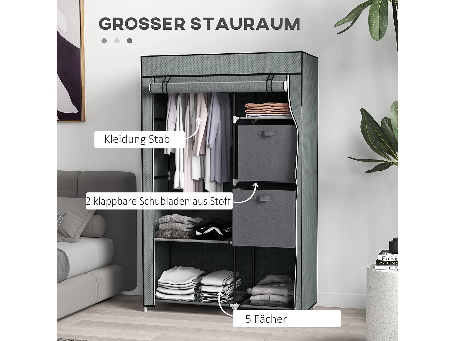 Armoire en tissu avec penderie et étagères, design compact, acier et tissu, gris foncé (102x42.5x162.5 cm)