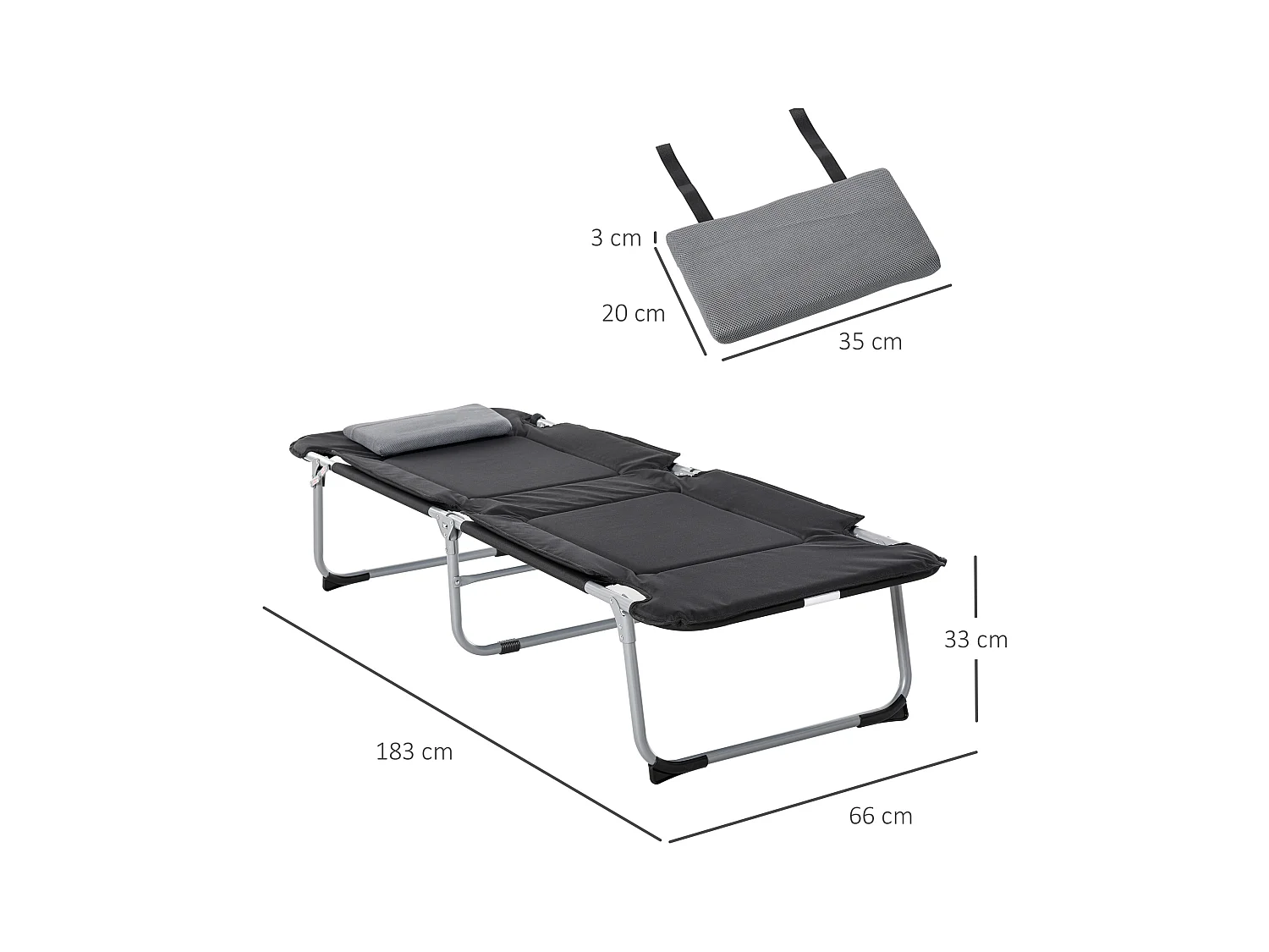 Lit de Camping Pliant avec Oreiller, Design Pratique, Tissu Oxford, Noir et Argent (183x66x33 cm)