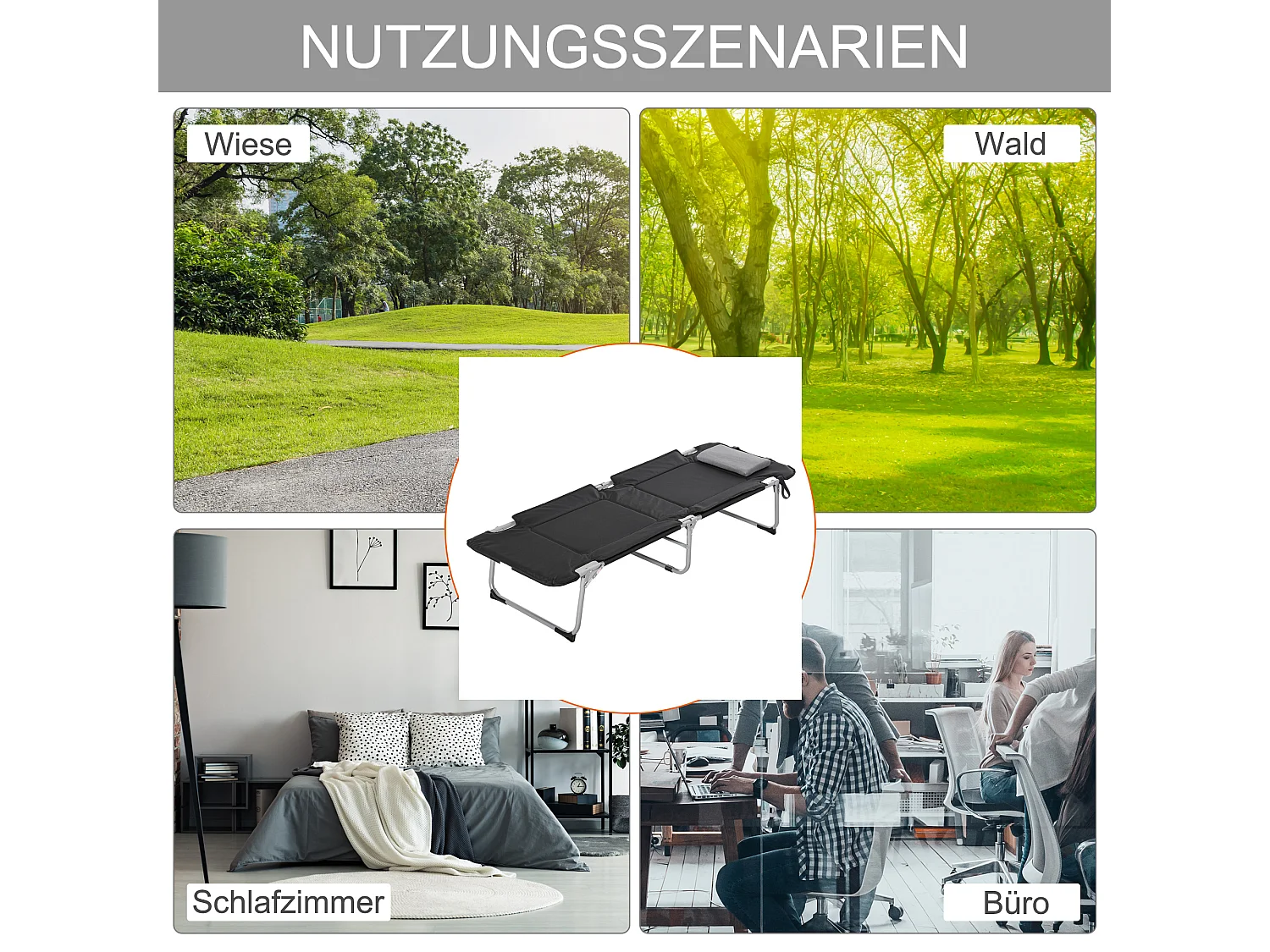 Lit de Camping Pliant avec Oreiller, Design Pratique, Tissu Oxford, Noir et Argent (183x66x33 cm)