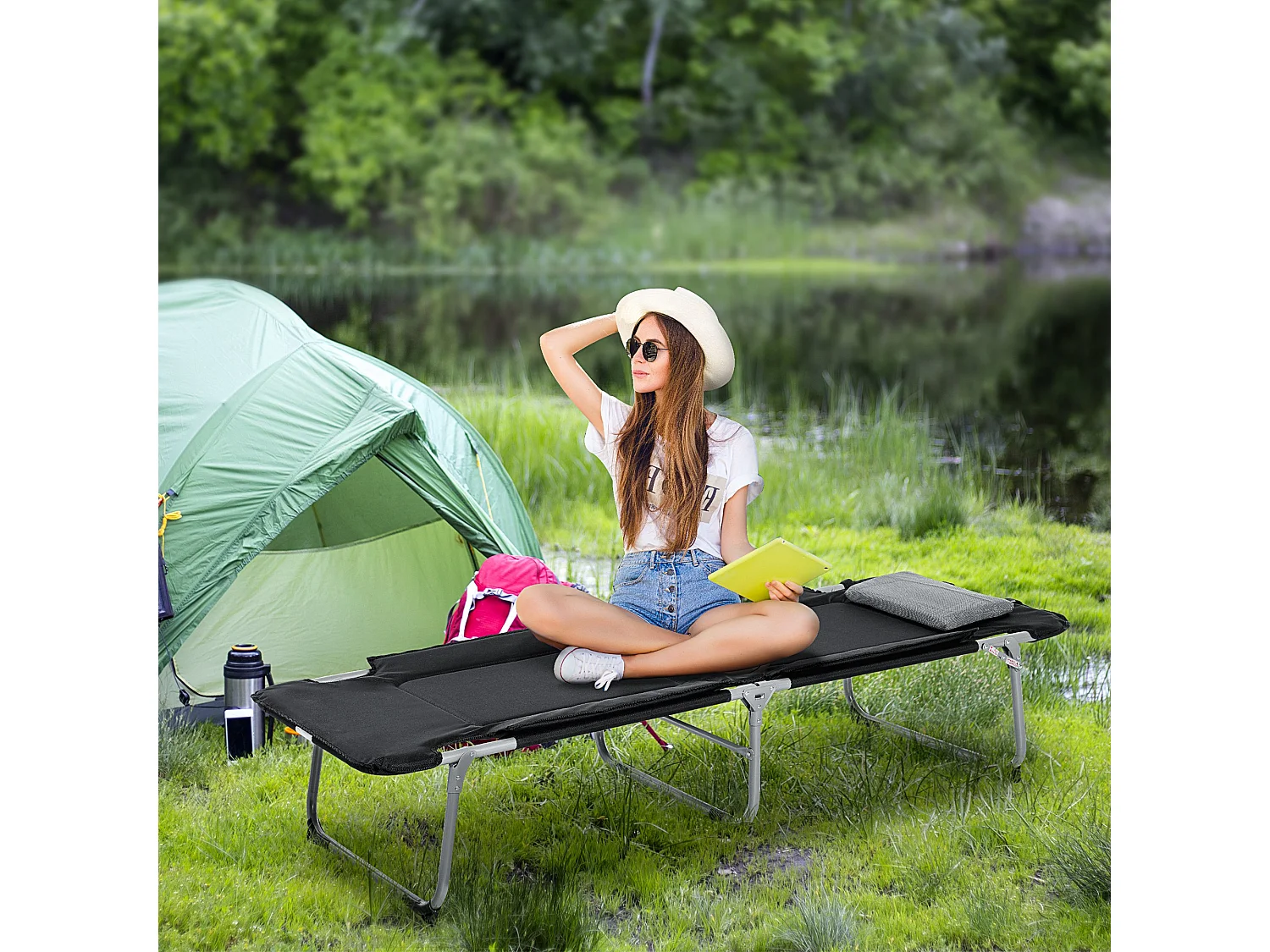 Lit de Camping Pliant avec Oreiller, Design Pratique, Tissu Oxford, Noir et Argent (183x66x33 cm)