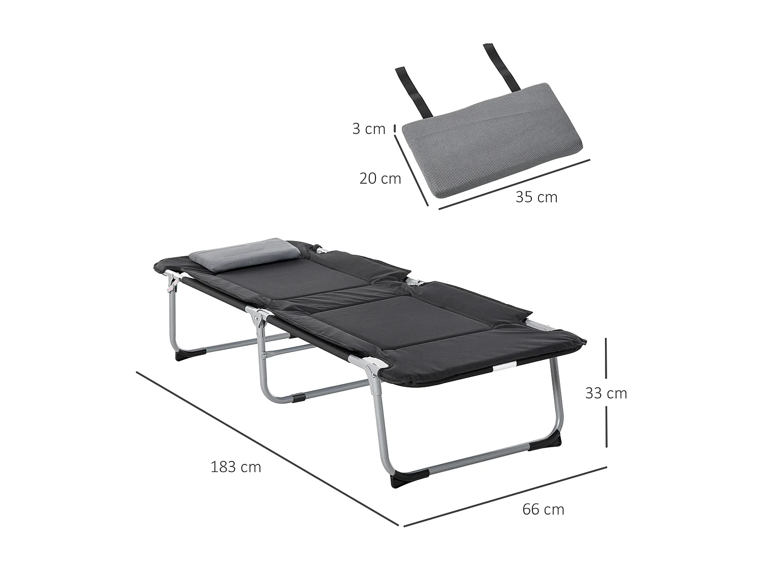 Lit de Camping Pliant avec Oreiller, Design Pratique, Tissu Oxford, Noir et Argent (183x66x33 cm)