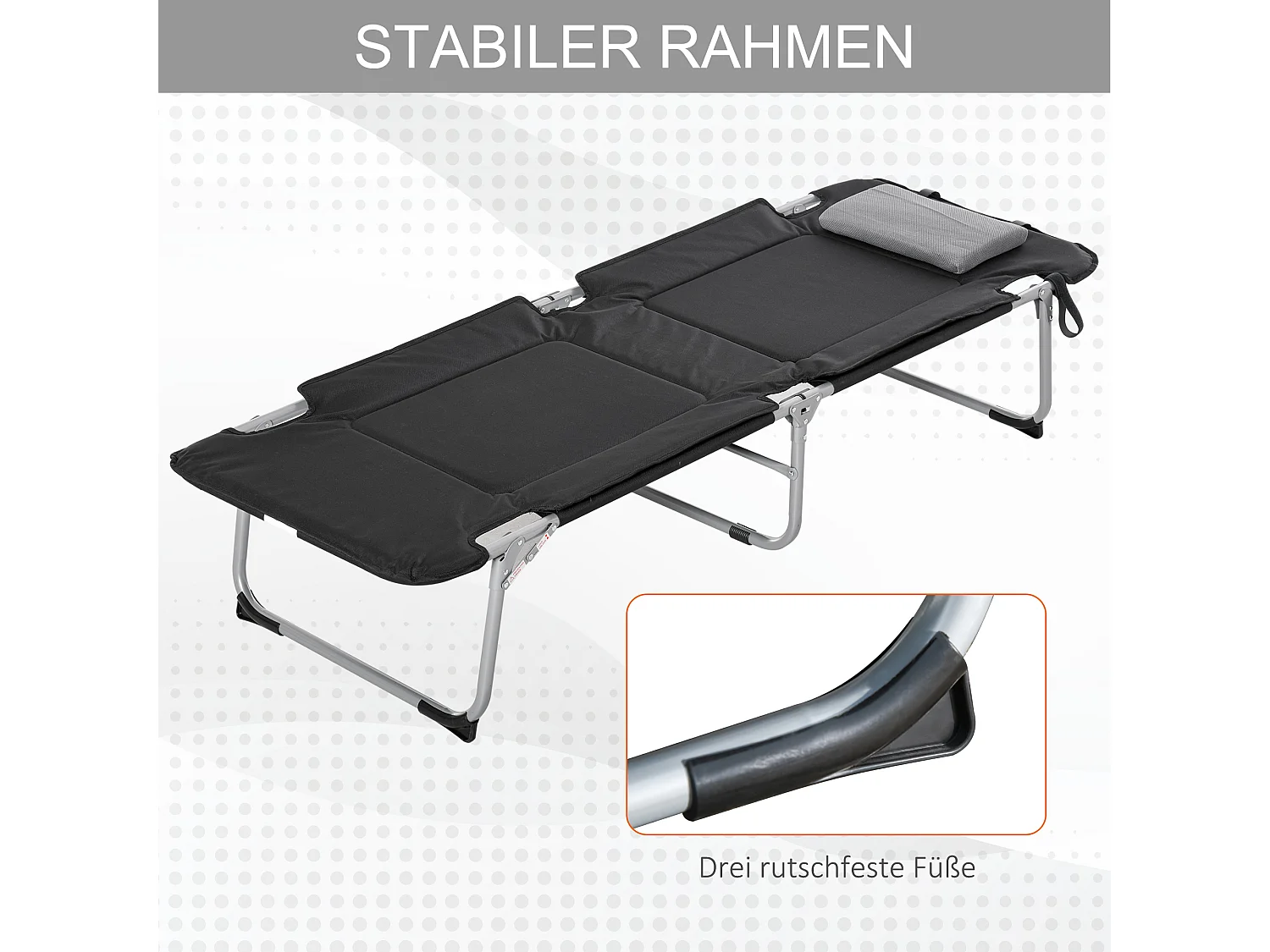 Lit de Camping Pliant avec Oreiller, Design Pratique, Tissu Oxford, Noir et Argent (183x66x33 cm)