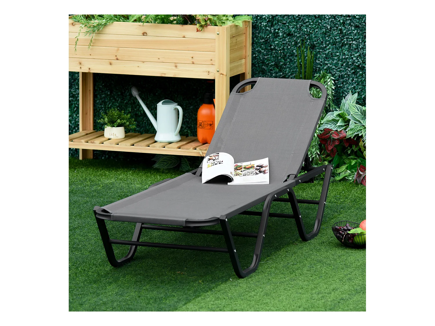 Chaise longue de jardin réglable 5 positions, aluminium, textilène gris et noir (163x58.5x91cm)