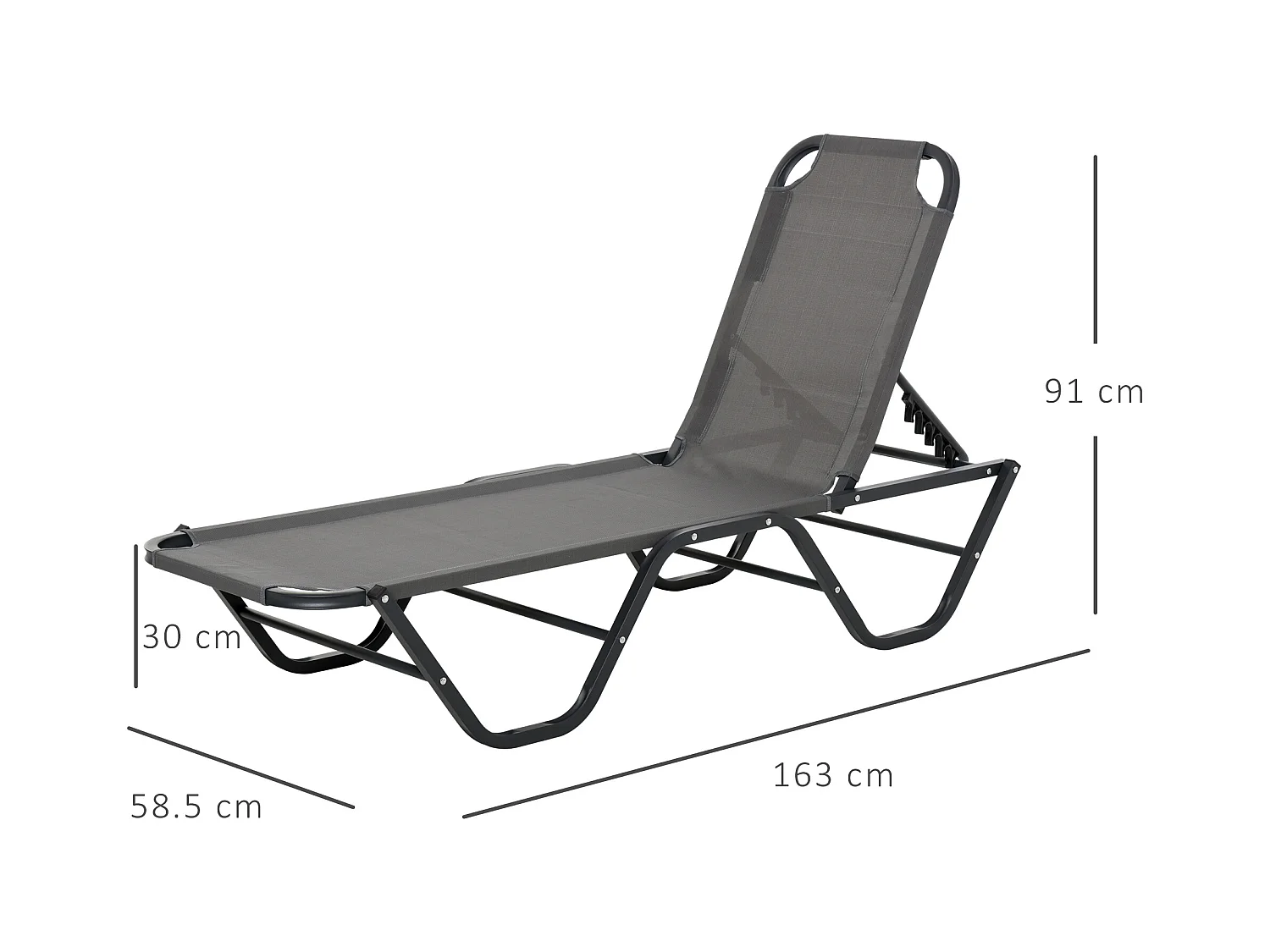 Chaise longue de jardin réglable 5 positions, aluminium, textilène gris et noir (163x58.5x91cm)